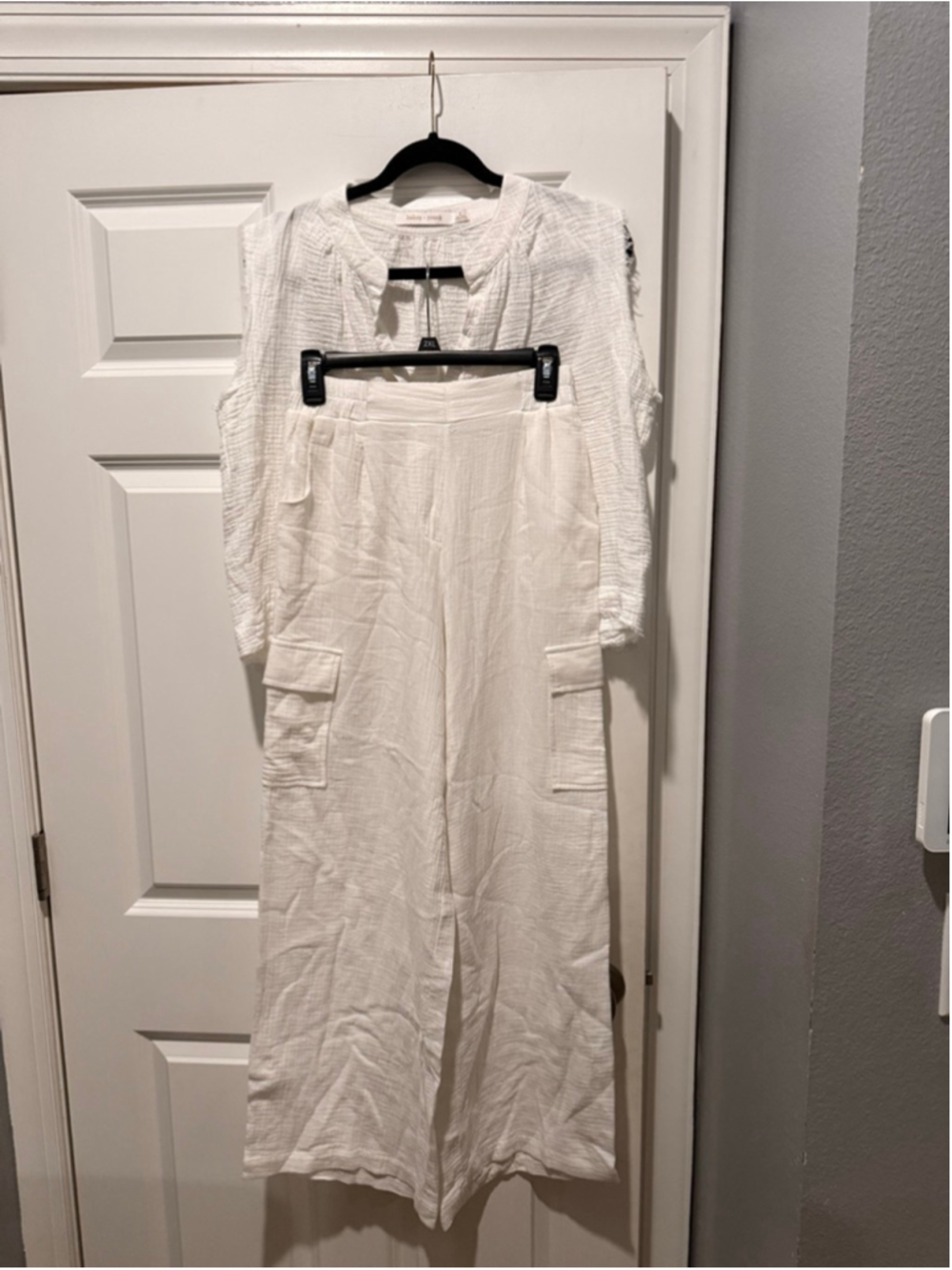 Women's Bishop + Young White Gauze Cargo Wide Leg Pants Set S - Picture 2 of 9